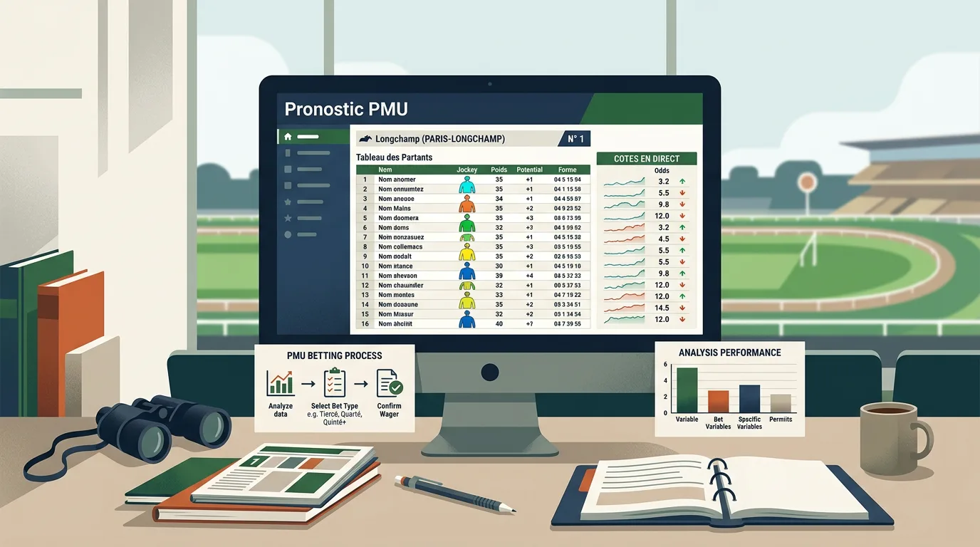 Pronostic PMU affiché sur un écran de courses hippiques à Longchamp avec tableau des partants et cotes en direct