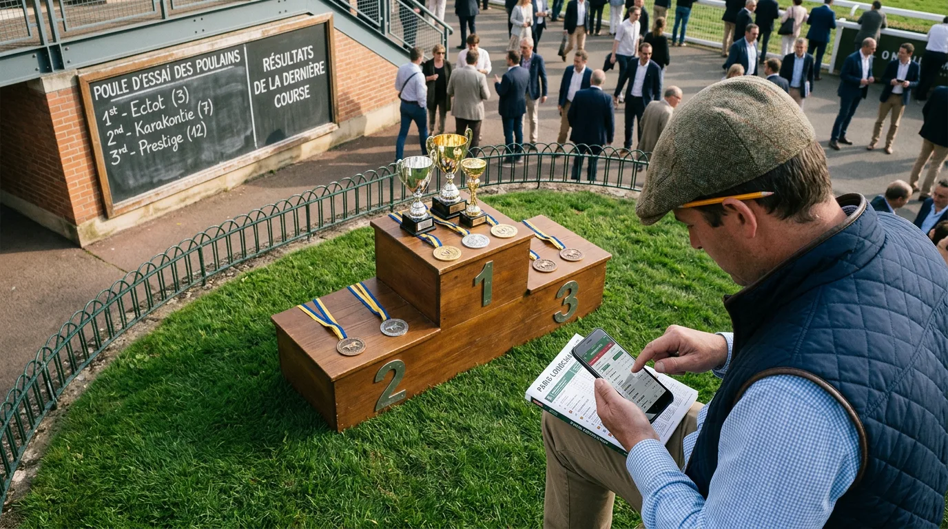 Parieur analysant un pronostic PMU fiable sur smartphone devant un tableau de résultats à Longchamp