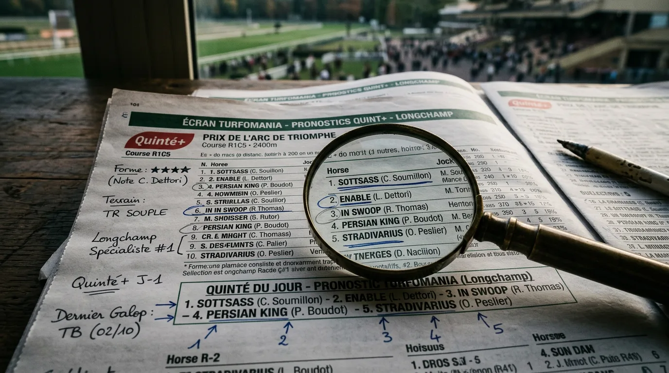 Écran Turfomania affichant un pronostic PMU gratuit du quinté avec les chevaux sélectionnés à Longchamp
