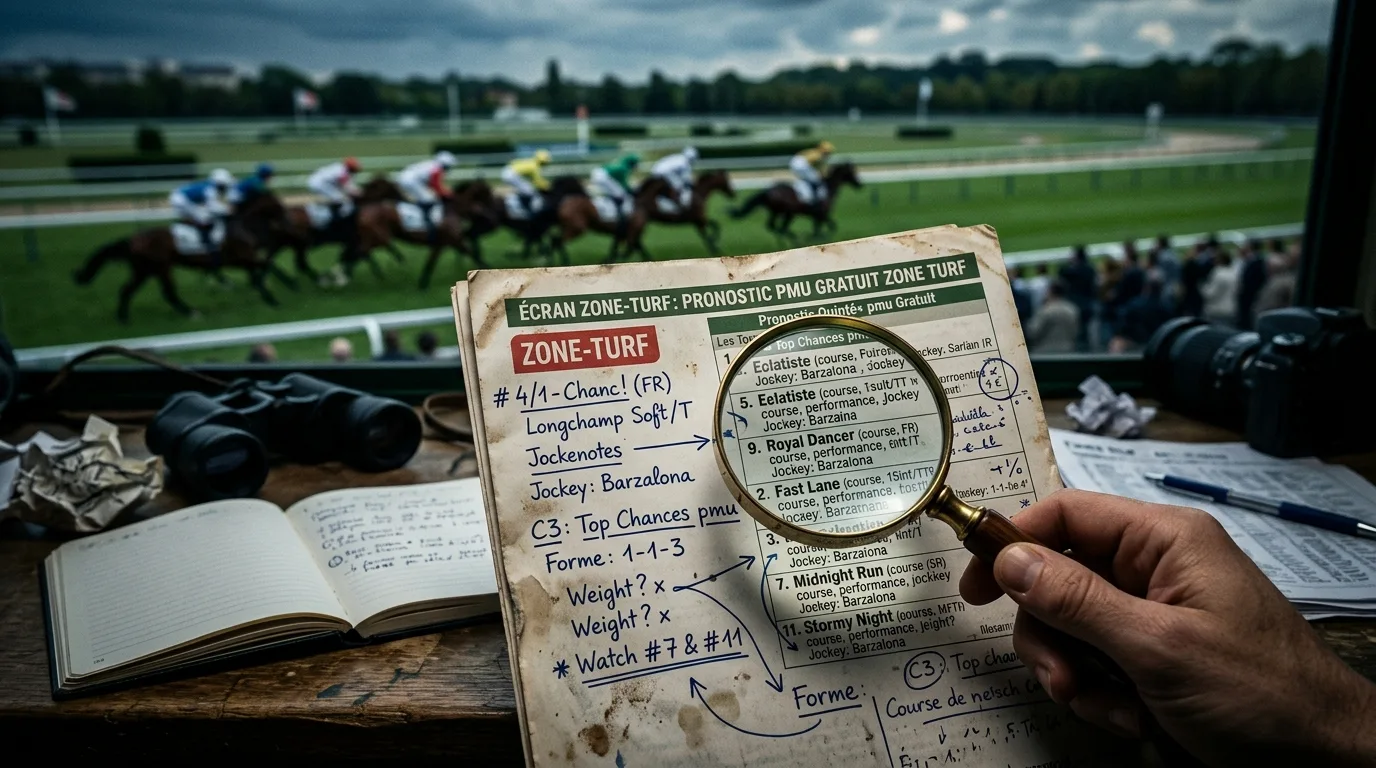 Écran Zone-Turf affichant les top chances du pronostic pmu gratuit zone turf sur fond de peloton lancé à Longchamp