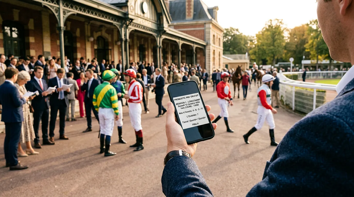 Pronostic PMU gratuit affiché sur un écran de smartphone devant le pesage de Longchamp un matin de courses